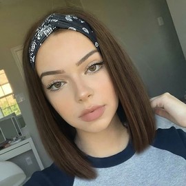 Headband Wigs for White Women Short Brown Wig 180% Density Short Bob Wigs for Women Shoulder Length Dark Brown Headband Wig for Girls 180 Density None Lace Synthetic Cosplay Wigs