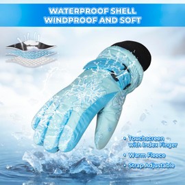 Nattork Winter Breathable Gloves for Kids Youth Warm Lining Boys Girls Cute Snow Ski Snowboarding Ice Skating Windproof Gloves Blue