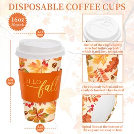 Whaline 50 Sets Fall Leaves Coffee Cups with Lids and Sleeves 16oz Maple Leaf Paper Cup Disposable To Go Coffee Cup for Autumn Thanksgiving Party