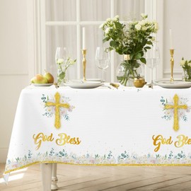 Lianxuia 3Pcs God Bless Baptism Tablecloth, 54 x 108 Inch Floral Cross Religious Table Cloth, Mi Bautizo Christening Plastic Table Cover for Baby Shower, First Communion Decorations