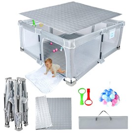 Nvlirun Foldable Baby Playpen 59"x71",playpen for Babies and Toddlers with Mat,Portable Play Yard with Breathable Mesh & Gates,Indoor Outdoor Baby Fence Play Area with Mat,Storage Bags,Handlers