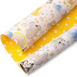 Ribbli Baby Shower Wrapping Paper Elephant Whale Penguin and Dots Reversible Mini Roll Yellow Gift Wrap for Boys Girls Kids Birthday Baby Shower 17 Inch x 33 Feet