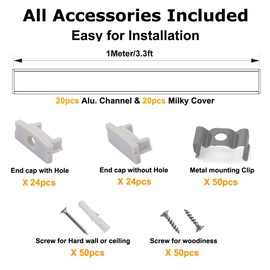 hunhun 20-Pack 3.3ft/1Meter U Shape LED Aluminum Channel System with Milky Cover, End Caps and Mounting Clips, Aluminum Profile for LED Strip Light Installations, Very Easy Installation