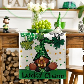 Artoid Mode Gnome Lucky Charm Shamrocks St. Patrick's Day Table Runner, Seasonal Kitchen Dining Table Decoration for Home Party Decor 13x48 Inch