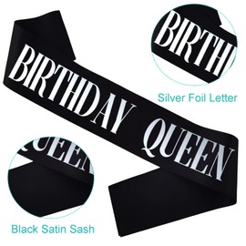 KETAOO Birthday Queen Sash, Silver Foil Black Birthday Sash for Women 21st 30th 40th 50th 60th 70th Fun Birthday Party Favors Gifts Decorations