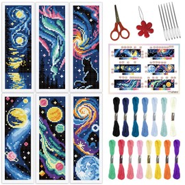 ORIGACH 6 Set Universe Starry Night Cross Stitch Bookmark Kit for Beginner with Backing Felt Floss Instructions DIY Stamped Embroidery Bookmark Kit for Adults, Book Lovers