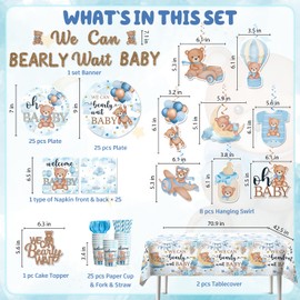 170 Pcs Teddy Bear Baby Shower Decorations Tableware Set, We Can Bearly Wait Baby Shower Decorations Include Banner, Plates and Tablecloth Etc, for Bear Baby Shower Decorations Serves 25 Guests