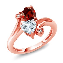 Gem Stone King 18K Rose Gold Plated Silver Red Garnet Sky Blue Aquamarine and White Diamond Ring For Women (1.76 Cttw, Heart Shape 6MM, Gemstone January Birthstone, Available In Size 5, 6, 7, 8, 9)