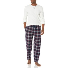 Wrangler Men's Waffle Knit Top and Flannel Pajama Pant Pajama Sleep Set, Natural/Plaid, Small