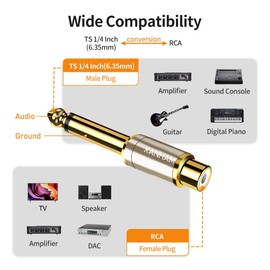 XANHAM RCA Female to 1/4 Inch 6.35mm TS Male Mono Plug Adapter Solid Copper Gold-Plated Connector 2 Pack