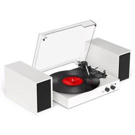 Vinyl Record Player with External Speakers, Vintage 3-Speed Turntable with Dual Speakers, Bluetooth Music Playback, MP3 PC Encoding, AUX Input Headphone Jack and RCA Out, Light Pink
