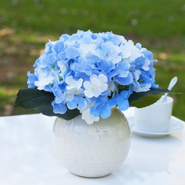 Enova Floral Artificial Silk Hydrangea Faux Flowers Arrangement in Round Ceramic Pot for Home Office Wedding Decoration (Blue Cream)