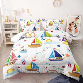 Colorful Crayon Ship Sailboats Comforter Set for Kids Teens, Queen Size Lighthouse Anchor Sailboat Bedding Comforter with 2 Nautical Adventure Ocean Boat Pattern Pillowcases- 90" x 90" (02, Queen)