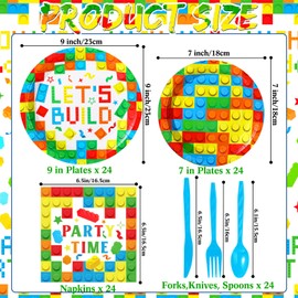 Gejoy 96 Pcs Building Block Birthday Party Supplies, Include 7 Inch 9 Inch Brick Party Plates and Napkins Disposable Plastic Spoons Forks Knives for Girls Birthday Decorations Serves 24 (Bright Color)