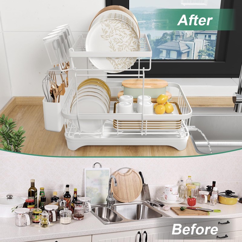 HOMEAILIE Dish Drying Rack, Two-Tier Dish Drying Rack with Utensil