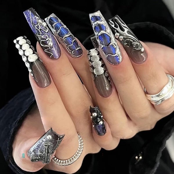 Brishow Stick On Nails Long Silver Grey False Nails, Press On Nails with Silver Beads, Punk Cool False Nails, 24 Pieces for Women and Girls