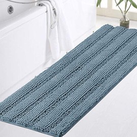 Turquoize - Alfombra de baño extralarga, de felpilla azul, antideslizante, suave y acogedora, resistente al agua, lavable, 47 x 17 pulgadas, color azul piedra