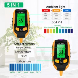 Justmetr 5 in 1 Soil PH Meter, Soil Tester Moisture, Digital Plant Thermometer Test, Moisture Meter Light and PH Tester for Plants, Gardens (Yellow