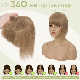 S-noilite Topper for Women Real Hair with Fringe 150% Density Toupee Hairpiece Real Hair Women's Hair Thickening for Thin Hair Mono Base 50 cm - 47 g #6 Light Brown