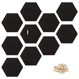Navaris Hexagon Cork Board Tiles - Set of 10 100% Cork Notice Memo Bulletin Boards with Pack of Wooden Push Pins Clips - 15 x 17.7 cm - Black