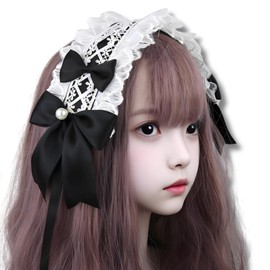 YOMO HOUSE Headdress, Black, Maid Headband, Ribbon, Mine Type, Cosplay, Gothic Lolita Hair Accessory, Lolita Fashion, Graduation Ceremony, Coming-of-Age Ceremony, Hair Ornament (Black)