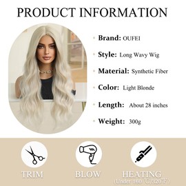 OUFEI Long Wavy Light Blonde Wig for Women Large Scalp Natural Synthetic Hair Heat Resistant Ombre Wigs for Daily Party Cosplay Wear