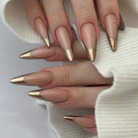 French Tip False Nails - Gold Press on Nails Almond - Long Stiletto Nude Acrylic Nails - Summer Nails Full Cover Fake Nails with Glue - Stick on nails for Women Girls
