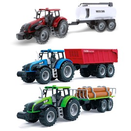 Mozlly Friction Powered Farm Tractor Trailer Toy Set - 16-inch Trailer Toys for Boys and Girls, Red Water Tank, Blue Farm Tractor, and Green Log Truck Toy (3 Sets)