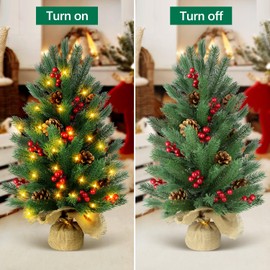 24 Inch Tabletop Christmas Tree with 50 LED Lights, 2FT Prelit Small Xmas Tree with Timer, 50 Pine Branches, 8 Pinecones, 56 Red Berries, Battery Powerd Burlap Wooden Base, Winter Home Decorations