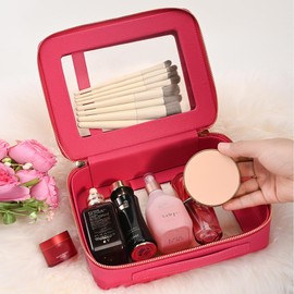 Aveniee Clear Makeup Bags, Double Layer Cosmetic Bags with a Separate Brush Compartment, Large Travel Toiletry Bag Train Case for Women, Travel Accessories Organizer(2 Layers Large, Hotpink)