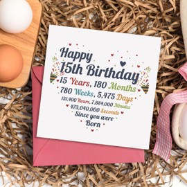 TEEMI-Birthday Card For Daughter, Son - Birthday Gifts Party Decorations Supplies - Size 5x7inch Folded Card for Girls, Boys, Son, Daughter include Envelope and Sticker (15th Birthday)