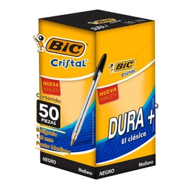 BIC Bolígrafo Cristal Dura + Punto Mediano 1.00 mm Cuerpo Hexagonal Tapa Ventilada para Evitar Asfixia Color Negro 50 Piezas