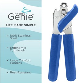 Kitchen Genie Slip Resistant Stainless Steel Manual Can Opener, Sharp Blade for Smooth Edge Cuts, Easily Open Cans, Ergonomic Handles with Easy to Turn Knob, Built-In Bottle Openers, Cobalt Blue