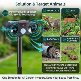 4Pack Solar Cat Repellent Ultrasonic Outdoor,2026 Ultrasonic Animal Repellent for Yard&Garden,IP65 Waterproof Motion Activated Deterrent,Animal Device to Keep Stray Cats,Deers,Raccoons Away from Lawn