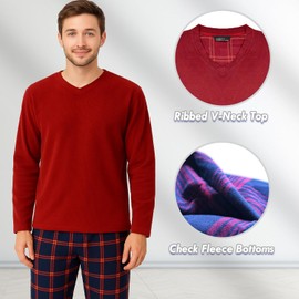 Nikaro Men's Fleece Cozy Thermal Pajamas Warm Cosy and Stylish Pyjamas with Drawstring Bottoms (XL) Red Ribbed Top