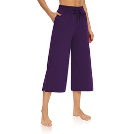 DIBAOLONG Womens Capri Pants Loose Yoga Pants Wide Leg Drawstring Comfy Lounge Pajama Capris Sweatpants with Pockets Purple M
