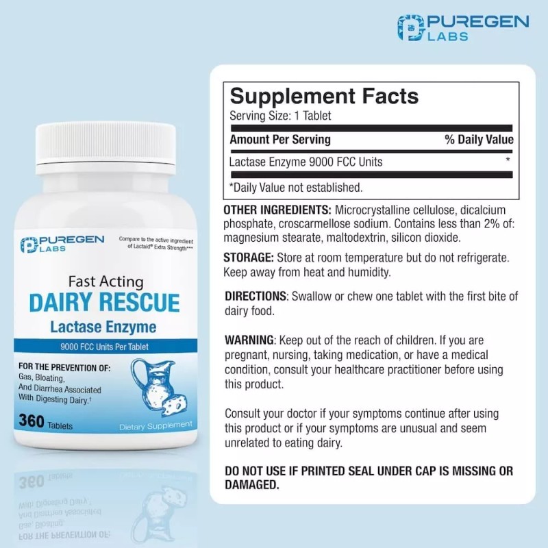 Puregen Dairy Rescue Fast Acting Lactase Enzyme 9000 FCC 360