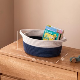 UBBCARE Small Woven Basket for Gifts, Cotton Rope Storage Baskets for Shelf, Gift Baskets Empty with Handle, Dog Toy Baskets for Organizing, White & Navy Basket for Nursery (12"x 8" x 5")