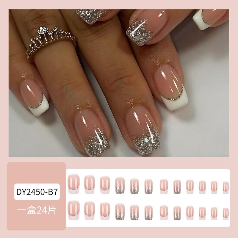 French Tips Press on Nails Short Square Silver Fake Nails