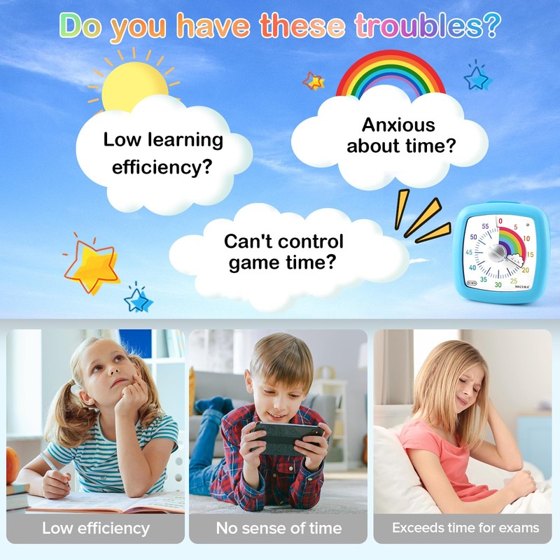Secura 60-Minute Visual Timer, Silent Study Timer for Kids and