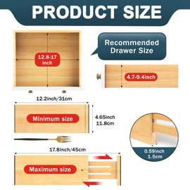 Lzerking Bamboo Drawer Dividers 4.65" High, Adjustable Dresser Drawer Organizers, 12-17.5" Expandable Deep Kitchen Drawer Divider for Dresser, Closet, Kitchen, Bedroom, Bathroom, 6 Pack