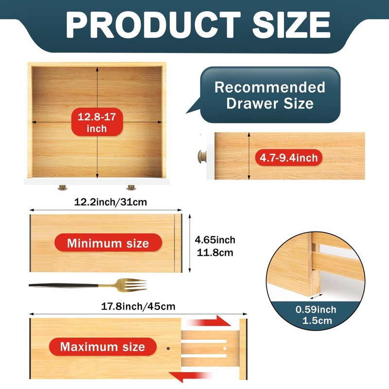 Lzerking Bamboo Drawer Dividers 4.65" High, Adjustable Dresser Drawer Organizers,