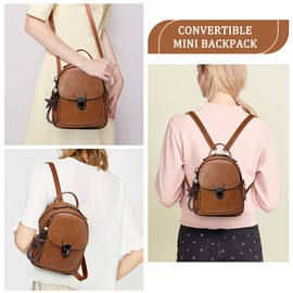 Women Mini Backpack, Kasqo Water Resistant Small Backpack Purse Women Leather Backpack Rucksack Bag for Ladies Girls with Detachable Straps for Work Travel Daily Brown