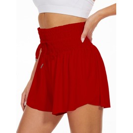 Vsaiddt High Waist Butterfly Shorts for Women High Rise Flowy Shorts with Pockets（Red-M）