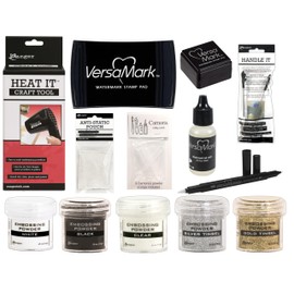 Ultimate Embossing Bundle - Ranger Heat It Craft Tool, 5 Embossing Powders, Embossing Ink Pad, Cube, Reinker, Embossing Pen, Handle it Tool, Anti-Static Pouch, Carnora Powder Scoops, 13 Items