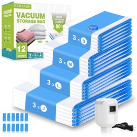 Bestash Vacuum Bags for Clothes, Duvets, Pack of 12 Vacuum Bags for Clothing, Travel Vacuum Bags for Clothing with Pump for Travel and Clothes Storage & Organisation