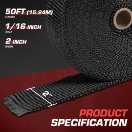 DNA MOTORING 2" x 50' Exhaust Header Wrap Heat Wrap for exhaust pipes, Exhaust Tape Pipe Heat Tape for Motorcycle Fiberglass Heat Shield Tape with 5pcs Stainless Ties, 1 Roll, Black, WRAP-50-ZIP-BK-1P