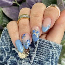 Press on Nails Short Almond Fake Nails Blue French Tip Nails Press ons Spring Glue on Nails Nude Acrylic Nails Summer False Nails with Floral Designs Artificial Stick on Nails for Women 24Pcs