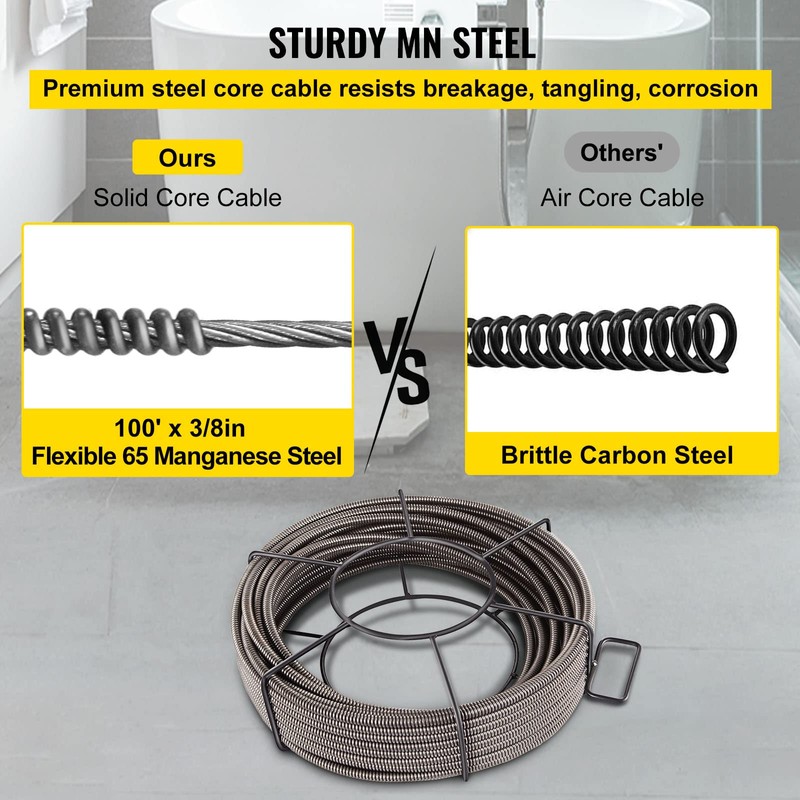 VEVOR Drain Cleaning Cable 100 FT x 3/8 Inch, Solid