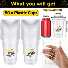 Jacyan 50Pcs Happy New Year Plastic Cups 2024 New Year Party Cups Reusable Drinking Cups for New Year’s Eve 12 Oz Plastic Cups Party Supplies for Holiday Home Drinkware Tableware for 2024 New Year